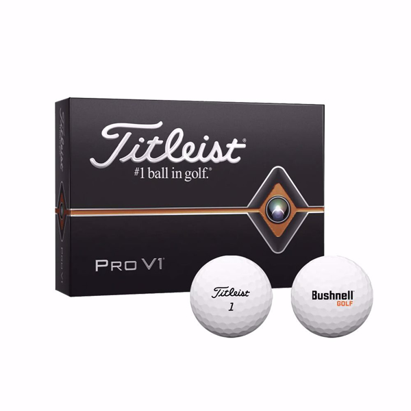 Bushnell Golf Titleist Pro V1 Pack of balls with two golf balls in front showing Titleist and Bushnell Golf decoration.