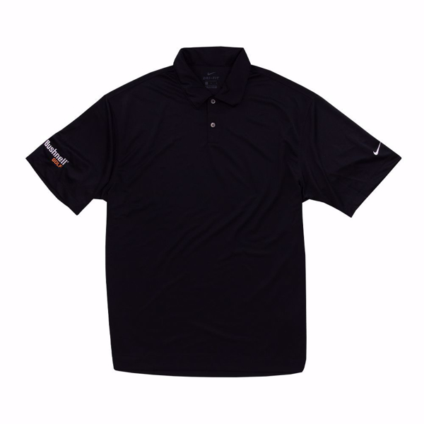 Black Bushnell Golf Power Stroke Polo with Nike Logo on left sleeve and Bushnell Golf logo on the right sleeve