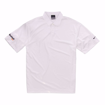 WhiteBushnell Golf Chip Shot Polo with Nike logo on left sleeve and Bushnell Golf logo on the right sleeve