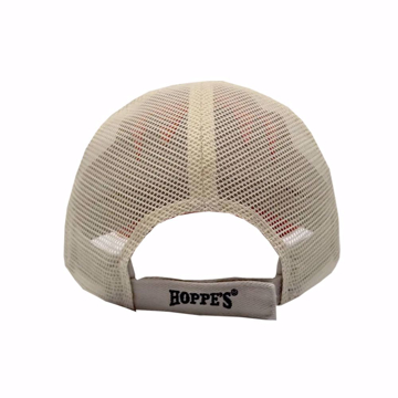 Hoppe's Logo Cap with black and red logo patch on Orange panel and brim with white mesh.