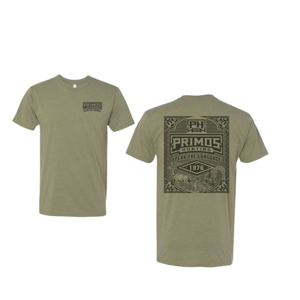 Primos speak the language logo on left chest and outdoor scene on the back. 