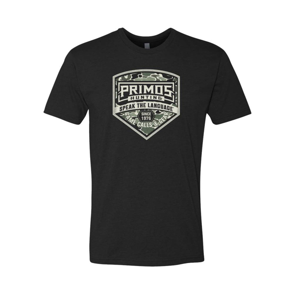 Black tee with Primos Hunting and Speak the Language camo badge 