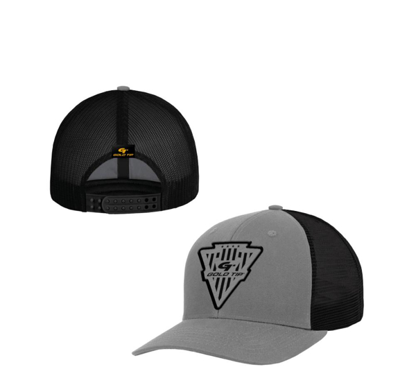 Black and grey hat gold tip patch on front