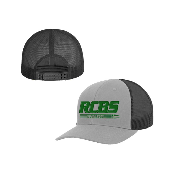 Grey and black hat with green RCBS logo