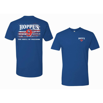 Royal blue shirt with Hoppes logo front left chest and on back